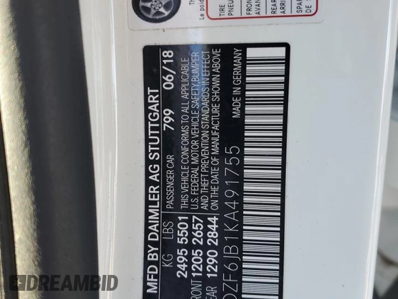 2019 Mercedes-Benz E 450 with VIN WDDZF6JB1KA491755, listed as a Copart auction lot 88234265 with 84,465 mi miles and Salvage Title. Bid and sale history available at DreamBid. Image 12.