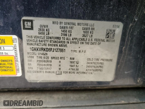 2015 GMC Acadia SLT with VIN 1GKKVRKD8FJ127861, listed as a Copart auction lot 51339945 with 206,265 mi miles and Salvage Title. Bid and sale history available at carsss.com. Image 13.