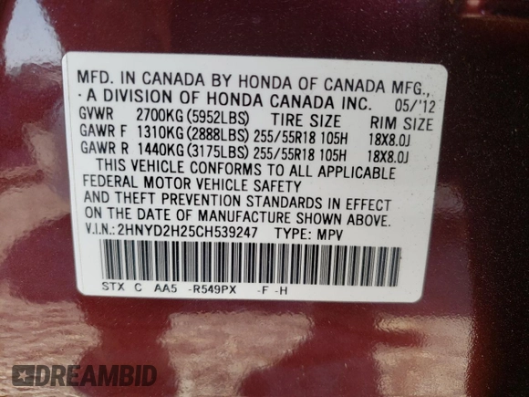 2012 Acura MDX z VIN 2HNYD2H25CH539247, wystawiony jako Copart lot #53558235 z przebiegiem 37 359 mil mil oraz Szkoda całkowita • Salvage title. Historia ofert i sprzedaży dostępna na DreamBid. Obrazek 14.