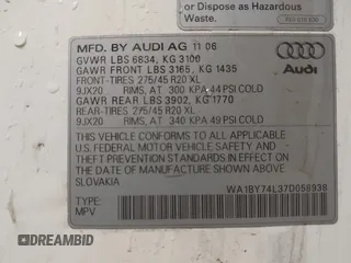 2007 Audi Q7 Premium with VIN WA1BY74L37D058938, listed as a IAAI auction lot 41928034 with 163,779 mi miles and . Bid and sale history available at DreamBid. Image 9.
