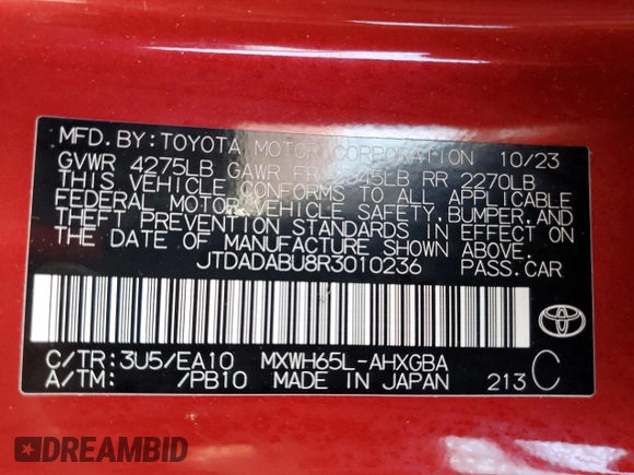 2024 Toyota Prius LE with VIN JTDADABU8R3010236, listed as a Copart auction lot 61234525 with 10,065 mi miles and Salvage title. Bid and sale history available at DreamBid. Image 13.