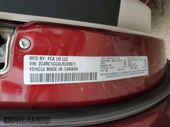 2020 Chrysler Pacifica Limited z VIN 2C4RC1GG6LR249971, wystawiony jako Copart lot #53976155 z przebiegiem 47 304 mil mil oraz Szkoda całkowita • Salvage title. Historia ofert i sprzedaży dostępna na DreamBid. Obrazek 13.