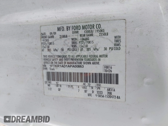 2010 Ford Ranger XL с VIN 1FTKR1AD1APA00863, выставлен на аукционе IAAI как лот 42069372 с пробегом 219 935 миль миль и . История ставок и продаж доступна на DreamBid. Изображение 9.