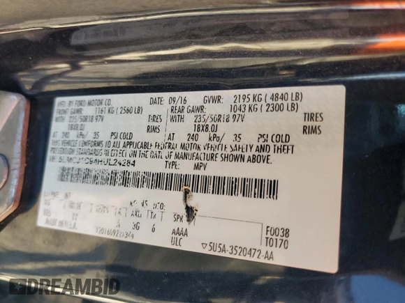 2017 Lincoln MKC Premiere z VIN 5LMCJ1C94HUL24284, wystawiony jako Copart lot #52895915 z przebiegiem 130 037 mil mil oraz Szkoda całkowita • Salvage title. Historia ofert i sprzedaży dostępna na DreamBid. Obrazek 14.