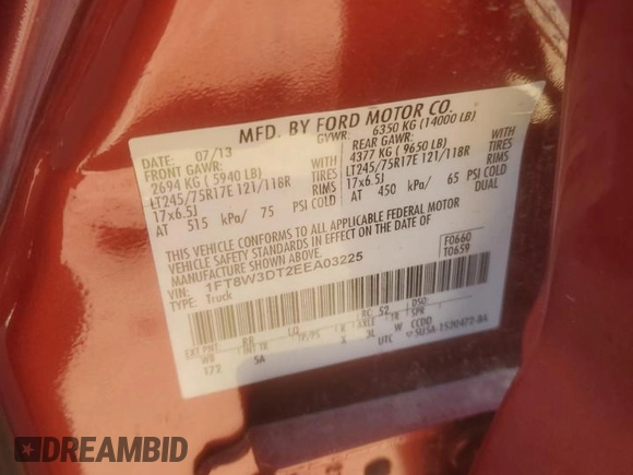 2014 Ford F-350 XLT with VIN 1FT8W3DT2EEA03225, listed as a Copart auction lot 46711185 with 328,805 mi miles and Salvage Title. Bid and sale history available at DreamBid. Image 13.