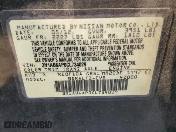 2012 Nissan Sentra S with VIN 3N1AB6AP0CL734029, listed as a Copart auction lot 62192085 with 112,623 mi miles and Salvage title. Bid and sale history available at DreamBid. Image 12.