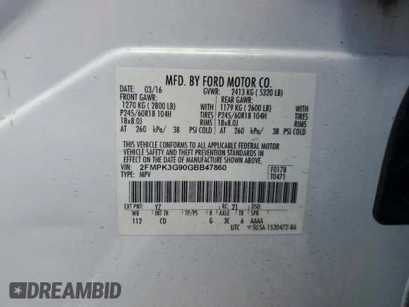 2016 Ford Edge SE with VIN 2FMPK3G90GBB47860, listed as a Copart auction lot 57932455 with 112,861 mi miles and Salvage title. Bid and sale history available at DreamBid. Image 13.