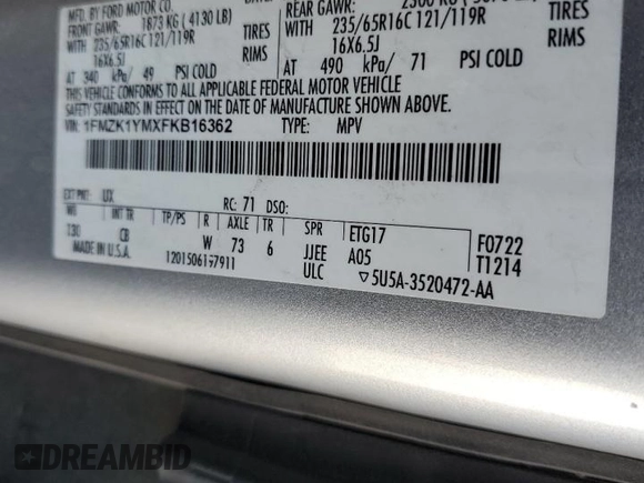 2015 Ford Transit XL with VIN 1FMZK1YMXFKB16362, listed as a Copart auction lot 57024515 with 112,665 mi miles and Salvage title. Bid and sale history available at DreamBid. Image 13.