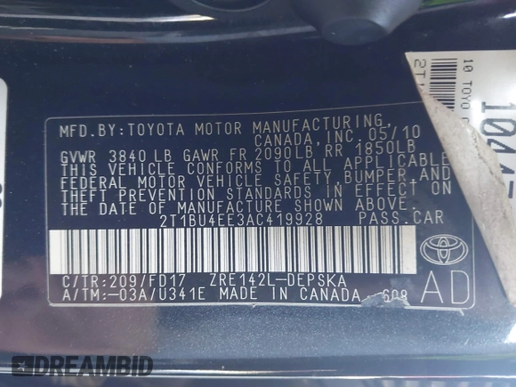 2010 Toyota Corolla with VIN 2T1BU4EE3AC419928, listed as a IAAI auction lot 41976564 with 143,075 mi miles. Bid and sale history available at carsss.com. Image 9.