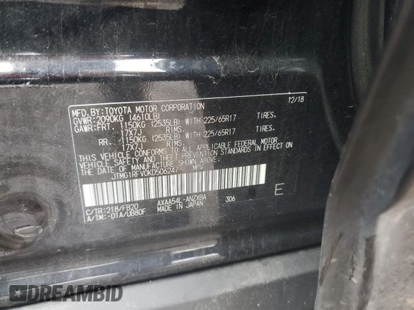 2019 Toyota RAV4 LE with VIN JTMG1RFV0KD506247, listed as a Copart auction lot 60426425 with 60,448 mi miles and Salvage title. Bid and sale history available at DreamBid. Image 13.