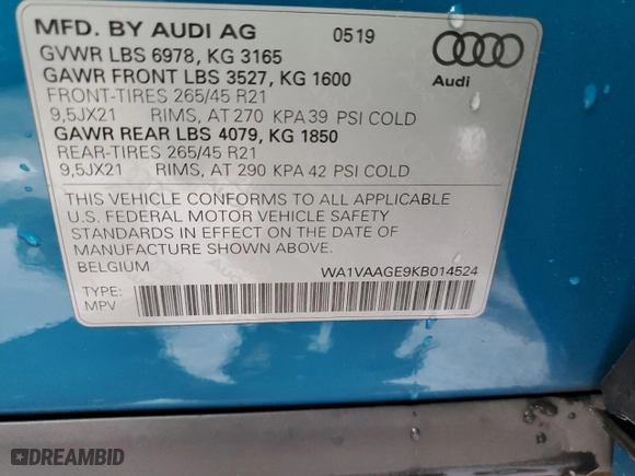 2019 Audi e-tron Prestige with VIN WA1VAAGE9KB014524, listed as a Copart auction lot 42891273 with 33,117 mi miles. Bid and sale history available at carsss.com. Image 14.