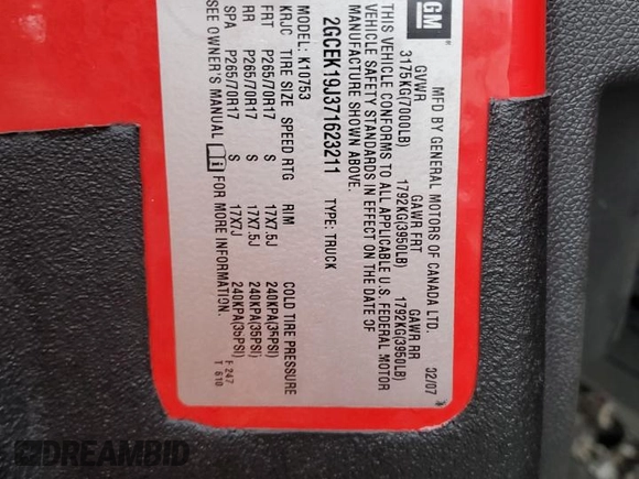 2007 Chevrolet Silverado 1500 1LT with VIN 2GCEK19J371623211, listed as a Copart auction lot 47540575 with 210,640 mi miles and Clean Title. Bid and sale history available at DreamBid. Image 14.