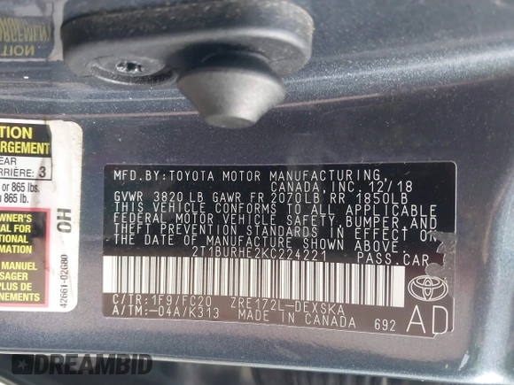 2019 Toyota Corolla L z VIN 2T1BURHE2KC224221, wystawiony jako IAAI lot #41455662 z przebiegiem 65 421 mil mil oraz . Historia ofert i sprzedaży dostępna na DreamBid. Obrazek 9.