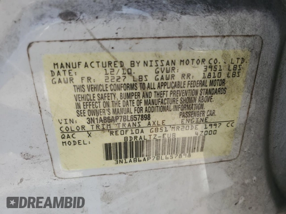 2011 Nissan Sentra 2.0 with VIN 3N1AB6AP7BL657898, listed as a Copart auction lot 41960315 with 196,242 mi miles and Clean Title. Bid and sale history available at DreamBid. Image 12.