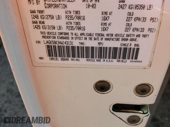 2004 Jeep Liberty Limited with VIN 1J4GK58K34W143131, listed as a Copart auction lot 69814254 with Not provided miles and Salvage title. Bid and sale history available at DreamBid. Image 13.