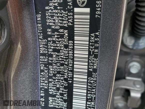 2015 Toyota Camry XLE with VIN 4T1BF1FK0FU987699, listed as a Copart auction lot 54391305 with 95,328 mi miles and Salvage Title. Bid and sale history available at carsss.com. Image 12.