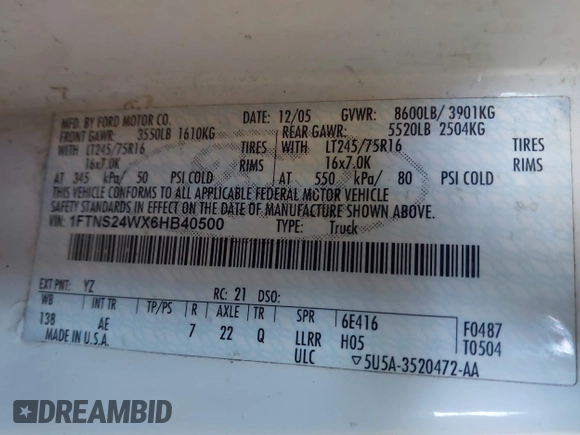 2006 Ford Econoline Cargo Commercial with VIN 1FTNS24WX6HB40500, listed as a IAAI auction lot 41632645 with Not Provided miles and . Bid and sale history available at DreamBid. Image 9.