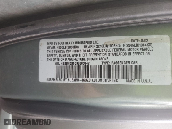 2003 Subaru Legacy L with VIN 4S3BH635537303847, listed as a Copart auction lot 86665654 with 186,301 mi miles and Clean title. Bid and sale history available at DreamBid. Image 12.