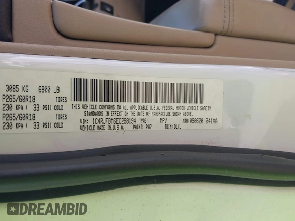 2014 Jeep Grand Cherokee Limited with VIN 1C4RJFBM6EC298194, listed as a IAAI auction lot 42492360 with 170,129 mi miles and . Bid and sale history available at DreamBid. Image 9.