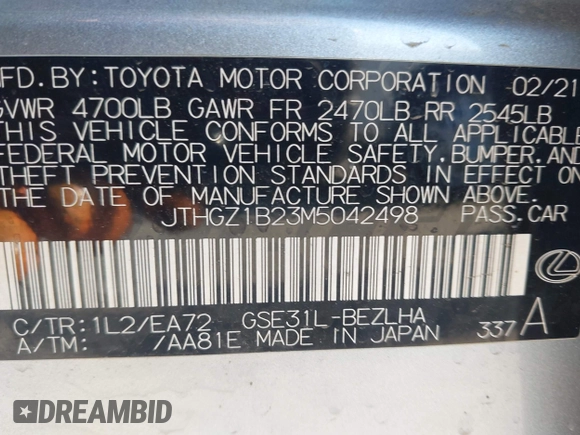 2021 Lexus IS with VIN JTHGZ1B23M5042498, listed as a IAAI auction lot 41975389 with 59,589 mi miles. Bid and sale history available at carsss.com. Image 9.