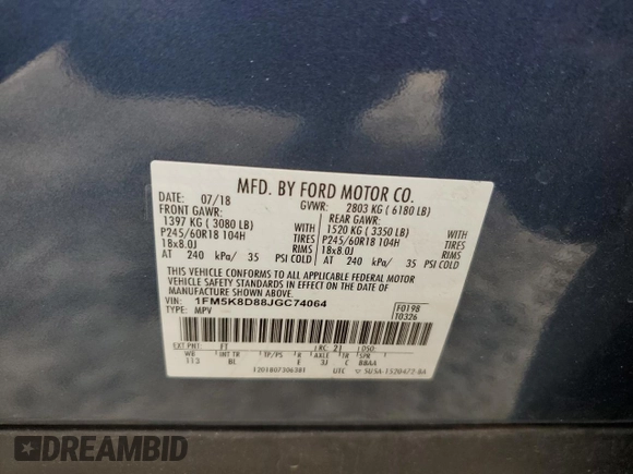 2018 Ford Explorer XLT с VIN 1FM5K8D88JGC74064, выставлен на аукционе Copart как лот 55125245 с пробегом 109 305 миль миль и На запчасти • Non repairable. История ставок и продаж доступна на DreamBid. Изображение 13.
