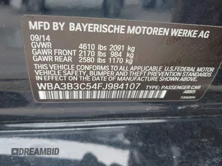 2015 BMW 3 Series 328i xDrive with VIN WBA3B3C54FJ984107, listed as a IAAI auction lot 41565829 with 98,557 mi miles and . Bid and sale history available at DreamBid. Image 9.