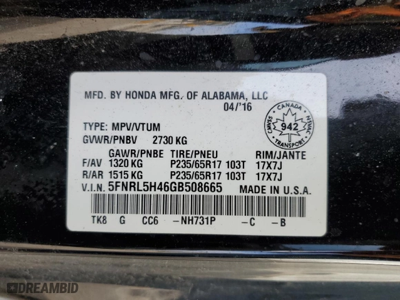 2016 Honda Odyssey EX with VIN 5FNRL5H46GB508665, listed as a Copart auction lot 51781055 with 181,794 mi miles and Clean Title. Bid and sale history available at carsss.com. Image 13.