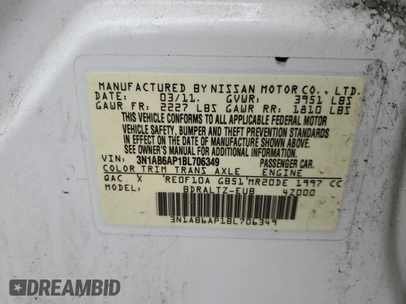 2011 Nissan Sentra SR with VIN 3N1AB6AP1BL706349, listed as a Copart auction lot 64550934 with 69,388 mi miles and Clean Title. Bid and sale history available at DreamBid. Image 12.