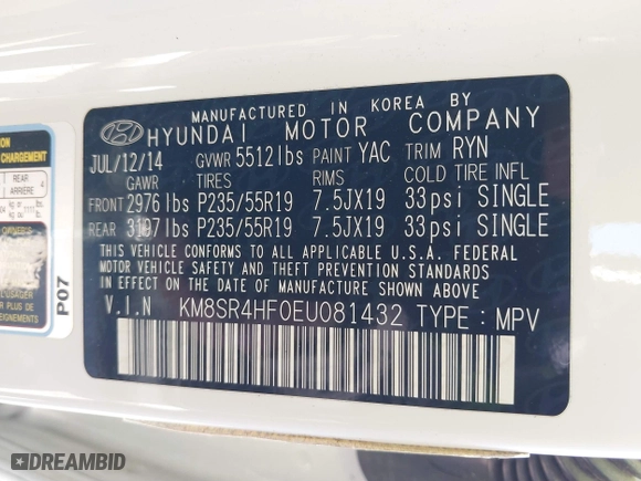 2014 Hyundai Santa Fe Limited with VIN KM8SR4HF0EU081432, listed as a IAAI auction lot 41843289 with 133,593 mi miles. Bid and sale history available at carsss.com. Image 9.