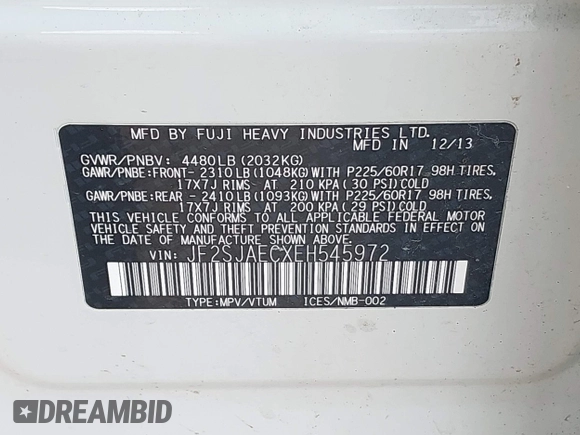 2014 Subaru Forester Premium with VIN JF2SJAECXEH545972, listed as a IAAI auction lot 42874819 with 161,769 mi miles and . Bid and sale history available at DreamBid. Image 17.