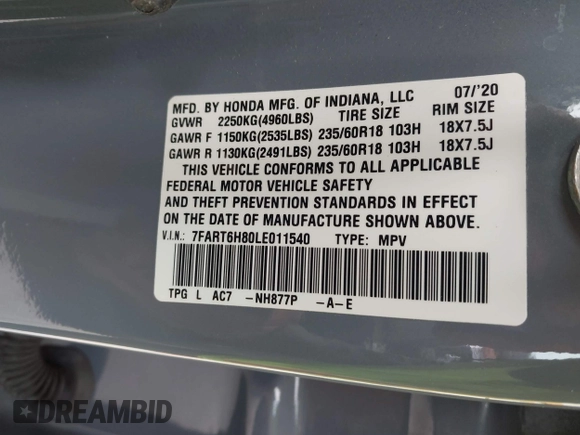 2020 Honda CR-V EX-L with VIN 7FART6H80LE011540, listed as a IAAI auction lot 42033698 with 70,834 mi miles and . Bid and sale history available at DreamBid. Image 9.