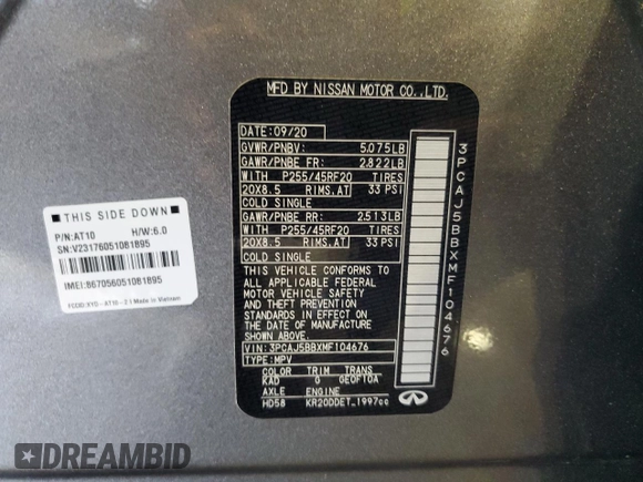 2021 Infiniti QX50 Luxe with VIN 3PCAJ5BBXMF104676, listed as a Copart auction lot 55590605 with 37,896 mi miles and Salvage title. Bid and sale history available at DreamBid. Image 13.