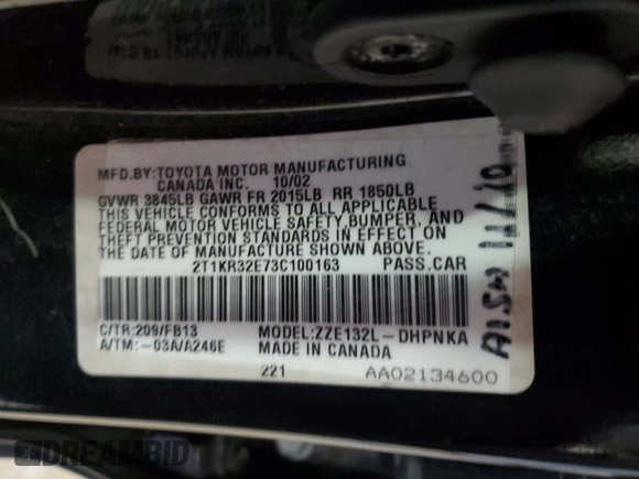 2003 Toyota Matrix Std z VIN 2T1KR32E73C100163, wystawiony jako Copart lot #57618285 z przebiegiem 196 012 mil mil oraz Czysty tytuł • Clean title. Historia ofert i sprzedaży dostępna na DreamBid. Obrazek 12.