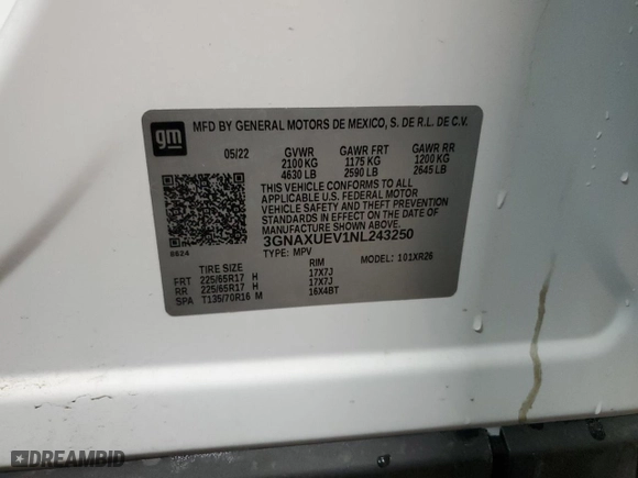 2022 Chevrolet Equinox LT with VIN 3GNAXUEV1NL243250, listed as a Copart auction lot 47805645 with 66,985 mi miles and Salvage Title. Bid and sale history available at carsss.com. Image 13.