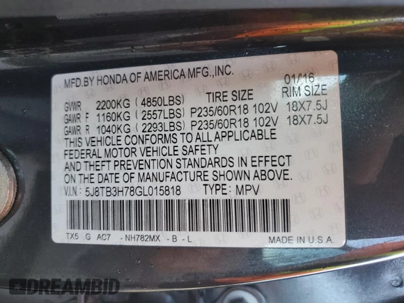 2016 Acura RDX Advance with VIN 5J8TB3H78GL015818, listed as a Copart auction lot 86987064 with 68,385 mi miles and Clean title. Bid and sale history available at DreamBid. Image 14.