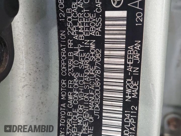 2009 Toyota Prius with VIN JTDKB20U897877082, listed as a Copart auction lot 54210725 with 290,704 mi miles and Non Repairable. Bid and sale history available at carsss.com. Image 12.