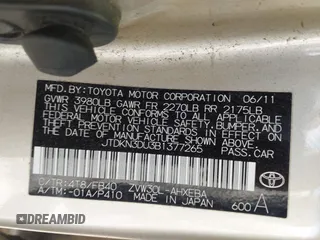 2011 Toyota Prius I with VIN JTDKN3DU3B1377265, listed as a IAAI auction lot 40279005 with 117,072 mi miles. Bid and sale history available at carsss.com. Image 9.