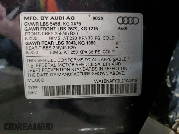 2020 Audi Q5 Premium Plus with VIN WA1BNAFY2L2104618, listed as a Copart auction lot 72943952 with 26,147 mi miles. Bid and sale history available at carsss.com. Image 15.