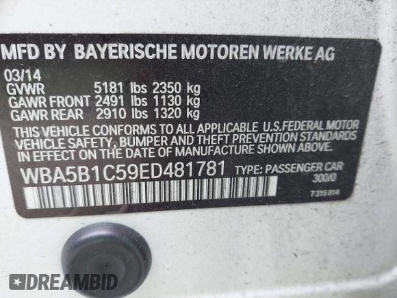2014 BMW 5 Series 535i with VIN WBA5B1C59ED481781, listed as a IAAI auction lot 41486531 with 145,003 mi miles. Bid and sale history available at carsss.com. Image 9.