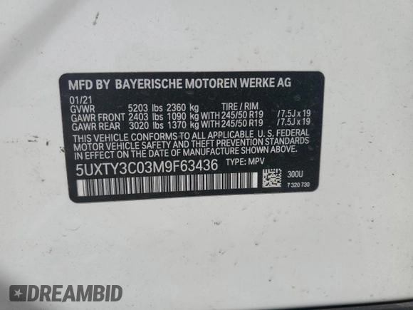 2021 BMW X3 sDrive30i z VIN 5UXTY3C03M9F63436, wystawiony jako Copart lot #45341545 z przebiegiem Nie podano mil oraz Szkoda całkowita • Salvage title. Historia ofert i sprzedaży dostępna na DreamBid. Obrazek 15.