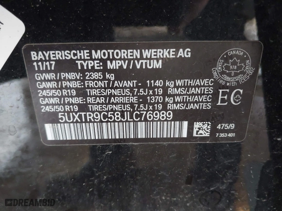 2018 BMW X3 xDrive30i with VIN 5UXTR9C58JLC76989, listed as a IAAI auction lot 41852158 with 76,202 mi miles. Bid and sale history available at carsss.com. Image 9.