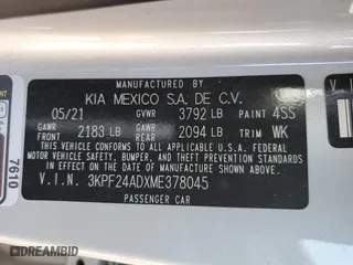 2021 Kia Forte LXS with VIN 3KPF24ADXME378045, listed as a Copart auction lot 46433455 with 58,346 mi miles and Salvage Title. Bid and sale history available at carsss.com. Image 12.