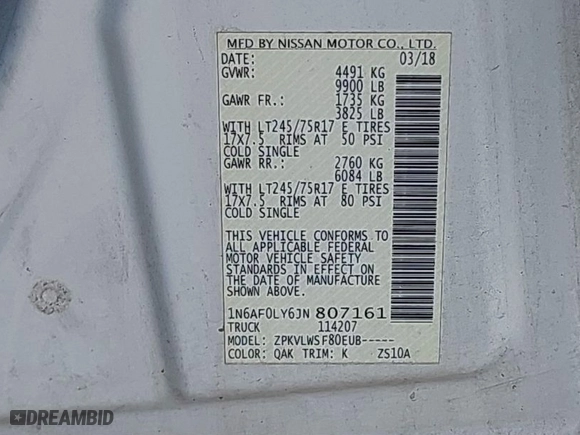 2018 Nissan NV SV with VIN 1N6AF0LY6JN807161, listed as a IAAI auction lot 41684084 with 189,721 mi miles. Bid and sale history available at carsss.com. Image 9.