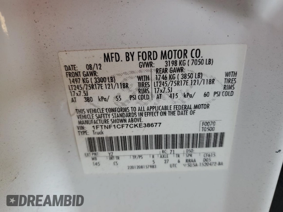 2012 Ford F-150 XL with VIN 1FTNF1CF7CKE38677, listed as a Copart auction lot 57560285 with Not provided miles and Clean title. Bid and sale history available at DreamBid. Image 12.