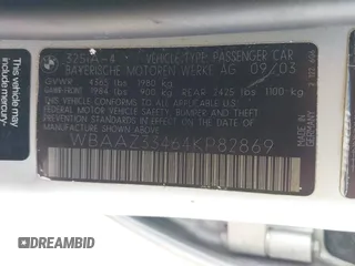 2004 BMW 3 Series 325i с VIN WBAAZ33464KP82869, выставлен на аукционе IAAI как лот 42221954 с пробегом 90 335 миль миль и . История ставок и продаж доступна на DreamBid. Изображение 9.