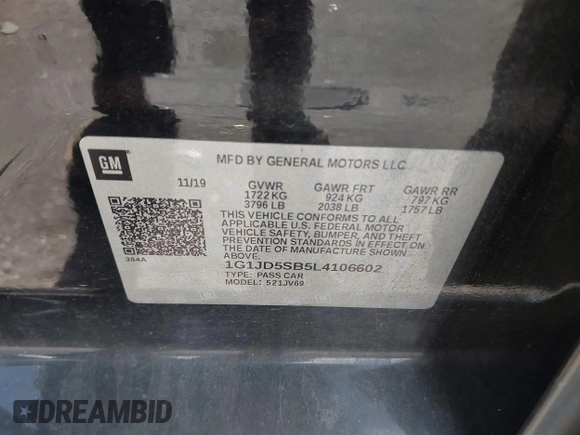 2020 Chevrolet Sonic LT z VIN 1G1JD5SB5L4106602, wystawiony jako IAAI lot #42159240 z przebiegiem 74 339 mil mil oraz . Historia ofert i sprzedaży dostępna na DreamBid. Obrazek 9.