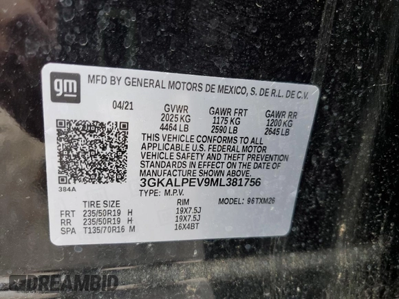 2021 GMC Terrain SLT с VIN 3GKALPEV9ML381756, выставлен на аукционе Copart как лот 52808635 с пробегом 41 559 миль миль и Списание • Salvage title. История ставок и продаж доступна на DreamBid. Изображение 13.