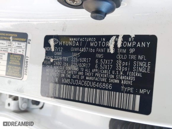 2013 Hyundai Tucson GLS with VIN KM8JU3AC6DU646866, listed as a IAAI auction lot 41846665 with 156,779 mi miles. Bid and sale history available at carsss.com. Image 9.