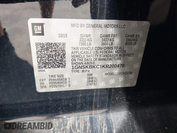 2019 Chevrolet Tahoe LT z VIN 1GNSKBKC1KR200476, wystawiony jako IAAI lot #41897702 z przebiegiem 136 432 mil mil oraz . Historia ofert i sprzedaży dostępna na DreamBid. Obrazek 9.