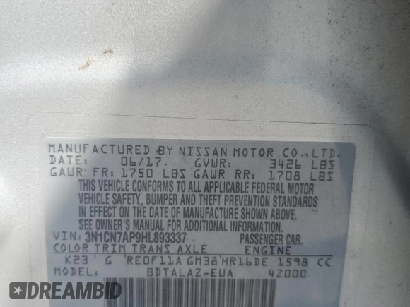 2017 Nissan Versa SV with VIN 3N1CN7AP9HL893337, listed as a Copart auction lot 59553845 with Not provided miles and Non repairable. Bid and sale history available at DreamBid. Image 12.